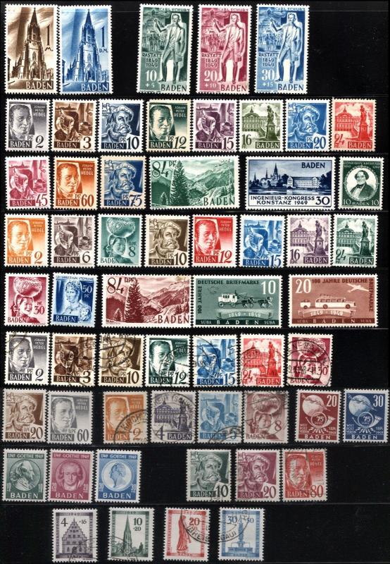 57 GERMAN French Occupation BADEN Stamps Postage Collection MINT LH USED