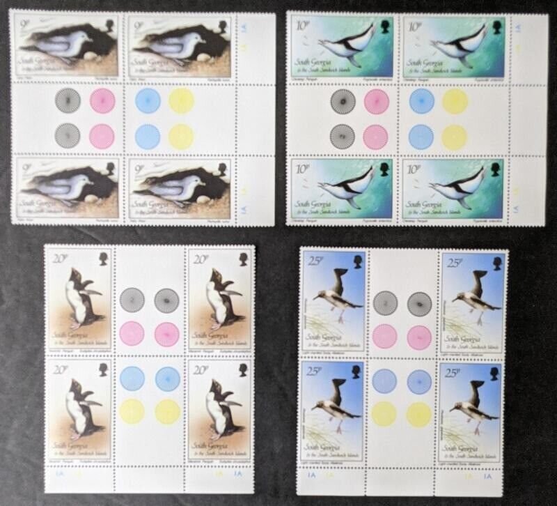 EDW1949SELL : SOUTH GEORGIA 1987 Sc #109-23 Birds Traffic Light Gutter Blks of 4