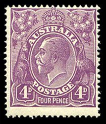 Australia #32 (SG 64) Cat£15, 1921 George V, 4p violet, hinged