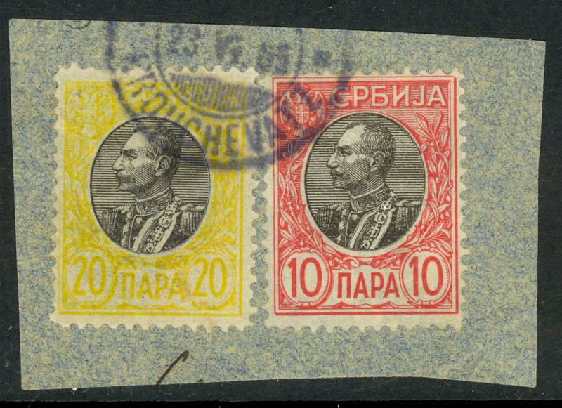 SERBIA 1905 10pa& 20pa King Peter I Thin Paper Sc 89,91,SG118,120 VFU Piece