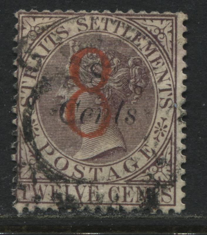 Straits Settlements QV 1884 overprinted 8 cents in red on 12 cent used  (JD)