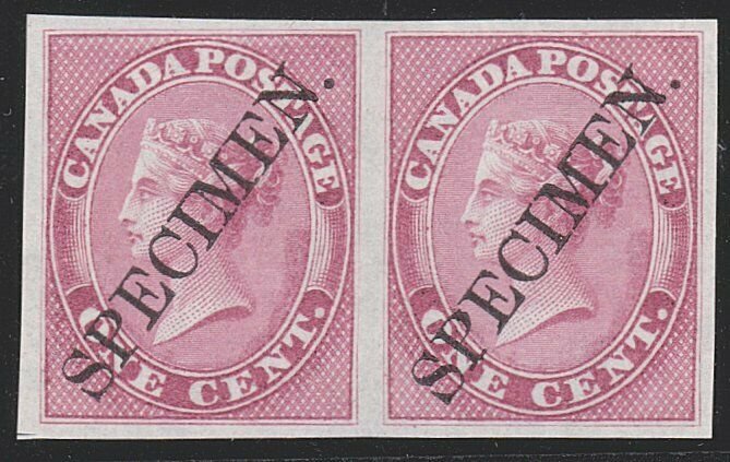 CANADA 1859 1c Rose imperf plate proof pair on India paper : SPECIMEN......29207