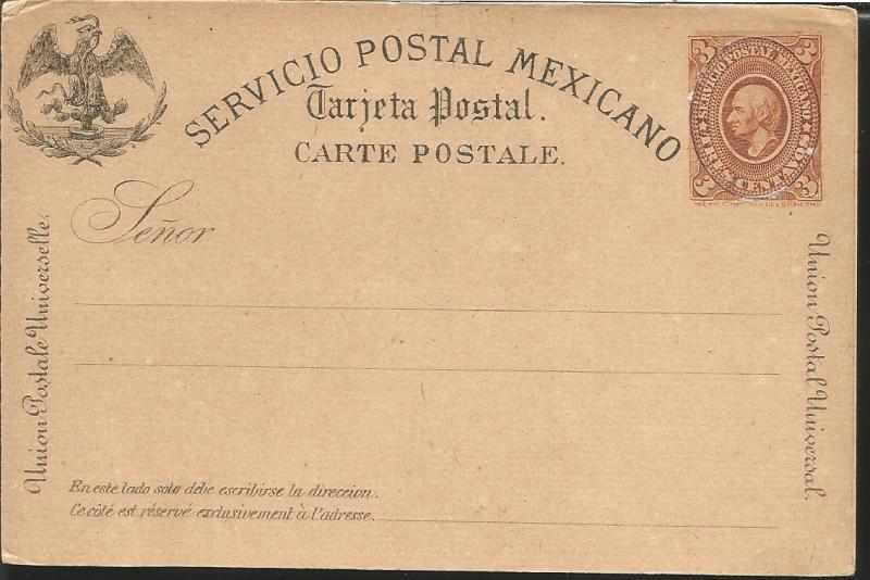 J) 1884 MEXICO, 3 CENTS BROWN, MEXICAN POSTAL SERVICE, EAGLE, POSTCARD, POSTAL S