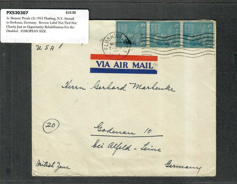 1953 Prexie Cover 5c Monroe (3) Flushing NY Airmail