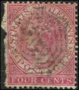 Straits Settlements SC# 11 Victoria 4c used FAULTED