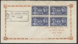 1939 Newfoundland #249 Royal Visit FDC Block Unusual Cachet Registered St John's