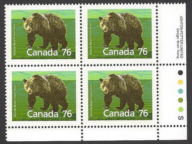 Canada #1178i  MNH plate block, Grizzly bear, issued 1989 on Slater paper