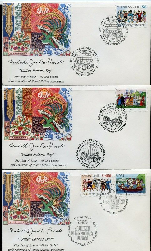 UN 1987 UN DAY WFUNA CACHET BY ELIZABETH von JANOTA-BROWSKI 9 FIRST DAY COVERS 