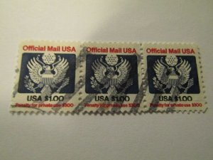 USA, stamp, Scott #O132, used, Official Mail, $1.00, Strip of 3 stamps