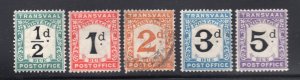 Transvaal 1907 Short Set of 5 Postage Due, Scott J1-J5 MH & used, value = $21.75