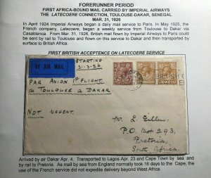 1926 London England First Flight Cover FFC To Pretoria South Africa Via Toulise