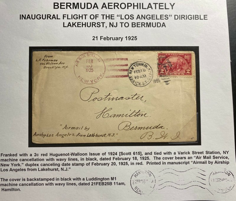 1925 New York USA Cover To Hamilton Bermuda First Flight Zeppelin Los Angeles