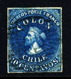 CHILE 1861 10c. COLON LAST LONDON PRINTING  Chile #11 Scott 12 SG 31/2 Wmk 1