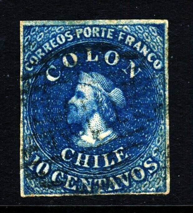 CHILE 1861 10c. COLON LAST LONDON PRINTING  Chile #11 Scott 12 SG 31/2 Wmk 1