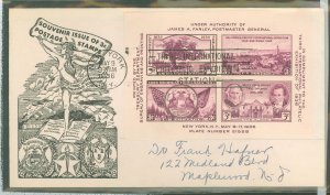 US 778 1936 TIPEX (Third International Philatelic Exhibition) mini sheet of four imperf on an addressed FDC with a Washington St