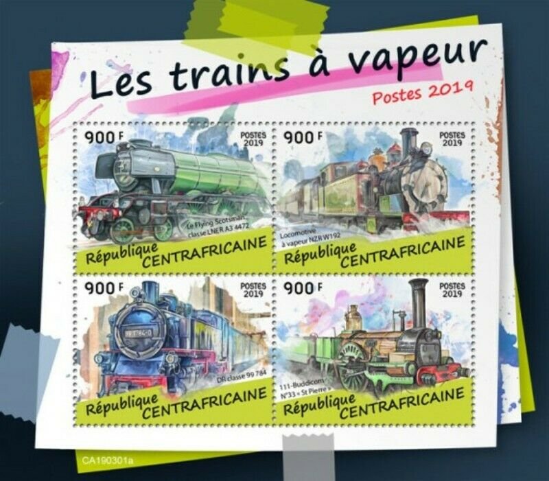 Central Africa - 2019 Steam Trains on Stamps - 4 Stamp Sheet - CA190301a