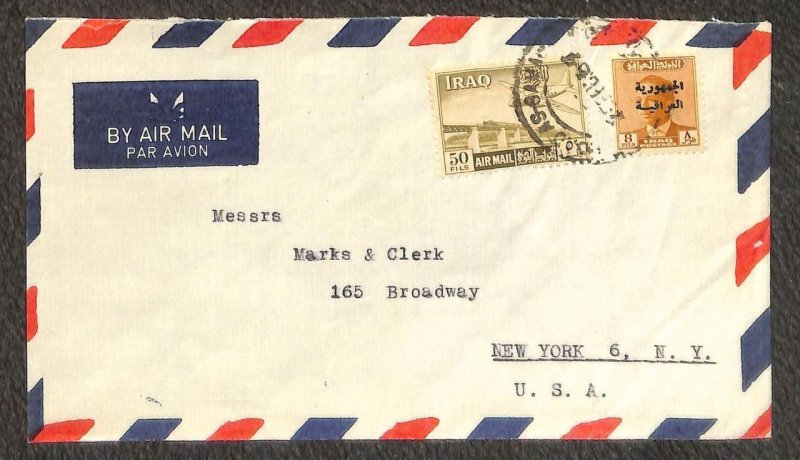IRAQ 216 & C7 STAMPS MARKS & CLERK BAGHDAD TO NY AIRMAIL COVER 1959