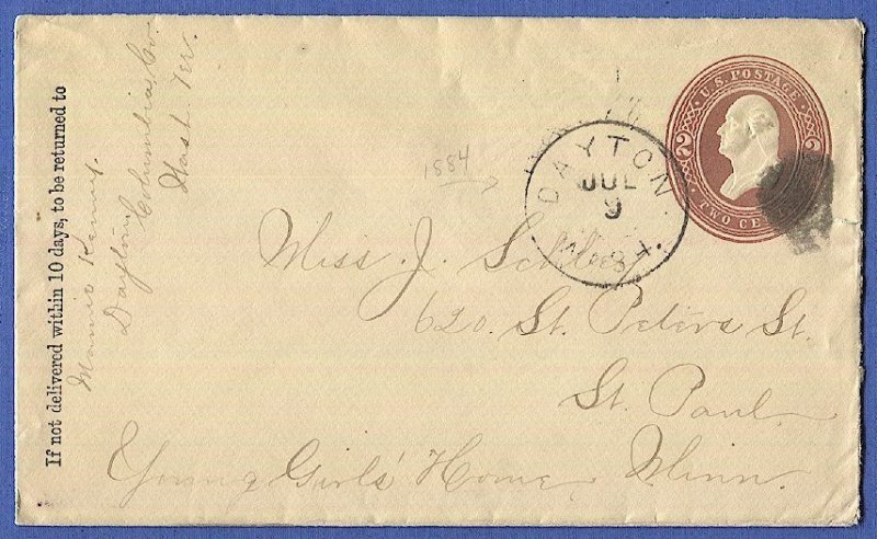 1884 Scott U278 Used 2c Washington brown/amber stationery DAYTON Wash. Territory