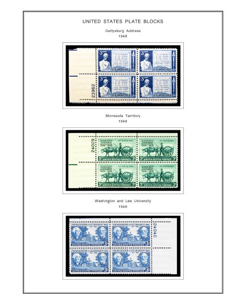 COLOR PRINTED US PLATE BLOCKS 1940-1949 STAMP ALBUM PAGES (45 illustrated pages)