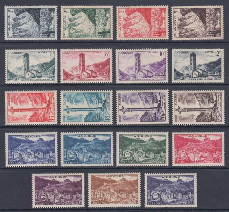 French Andorra Sc 124-142 MLH. 1955-58 Pictorials, cplt set of 19, VF