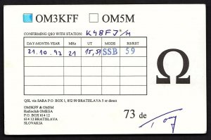 QSL QSO RADIO CARD Slovakia/OM3KFF/OM5M/1992, Bratislava, Slovakia (Q1861)