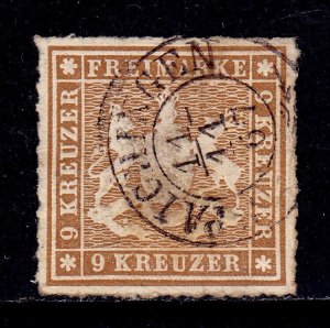 GERMANY (WURTTEMBERG) — SCOTT 45 — 1865 9kr ARMS, ROULETTED 10 — USED — SCV $120