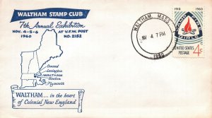 WALTHAM IN THE HEART OF COLONIAL NEW ENGLAND CACHET COVER AT WALTHAM EXH 1960