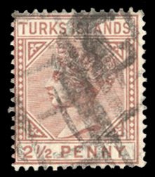 Turks Islands #49 Cat$20, 1882 2 1/2p red brown, used