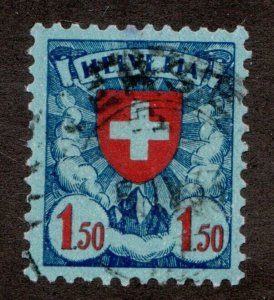 1924 Switzerland Helvetia 1.5 Fr Coat of Arms - Sc #202 Used postage stamp Cv $7