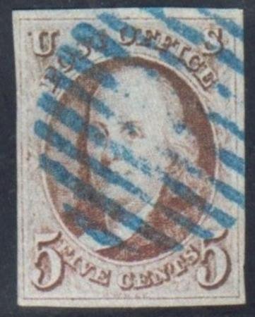US 1 Early Classics VF Used 4 Margins with Scarce Blue Grill Cancel, PF Cert