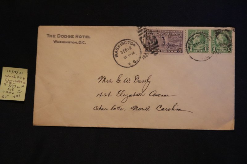 Scott US 597, E15, & WX62 on cover Wash DC to Charlotte NC (#701)