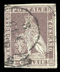 Italian States, Tuscany #8 Cat$300, 1851 9cr gray lilac, used, margins just i...