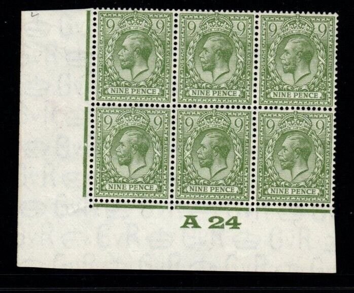 GB SG427 N43(2) 1924 9d PALE OLIVE-GREEN CONTROL A24 BLOCK OF 6 MNH