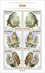 Maldives 2021 MNH Birds of Prey on Stamps Owls Northern Hawk-Owl Owl 6v M/S