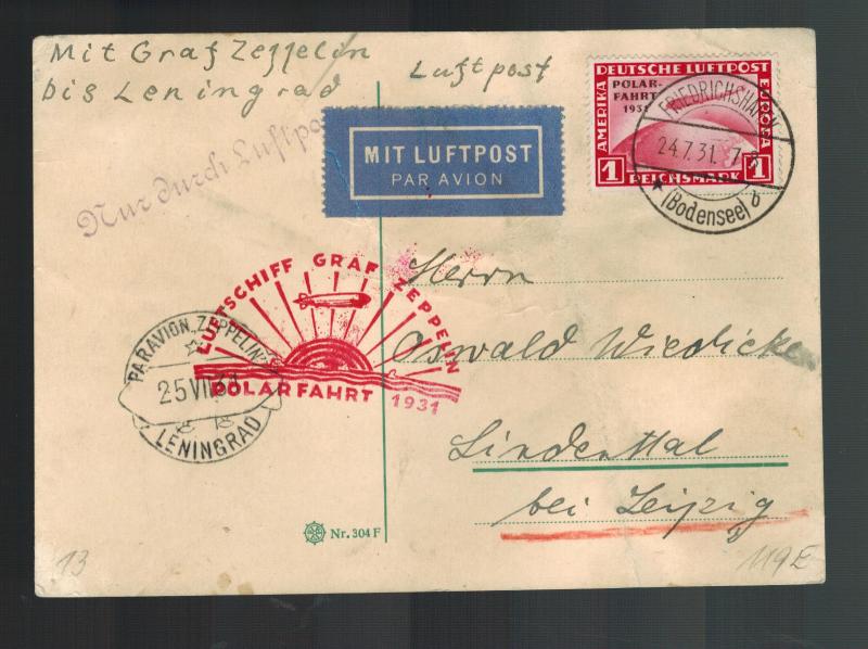 1931 Germany Graf Zeppelin Postcard Cover Polar Flight # C40 LZ 127 Leningrad