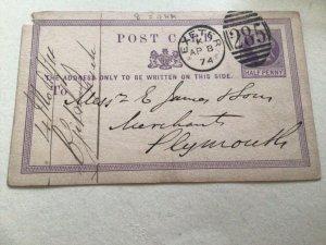 Queen Victoria 1874  Halfpenny Lilac Plymouth  postcard  A13841