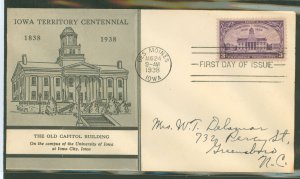 US 838 1938 3c Iowa Territory centennial on an addressed first day cover with a Linprint cachet.