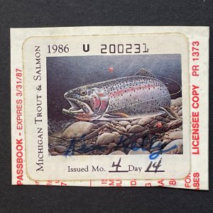 1986 Michigan $7.25 Trout & Salmon Fishing Stamp Used on Piece