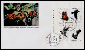 Canada 1566a TL Plate Block on FDC - Birds, Maps, Butterfly, Bat