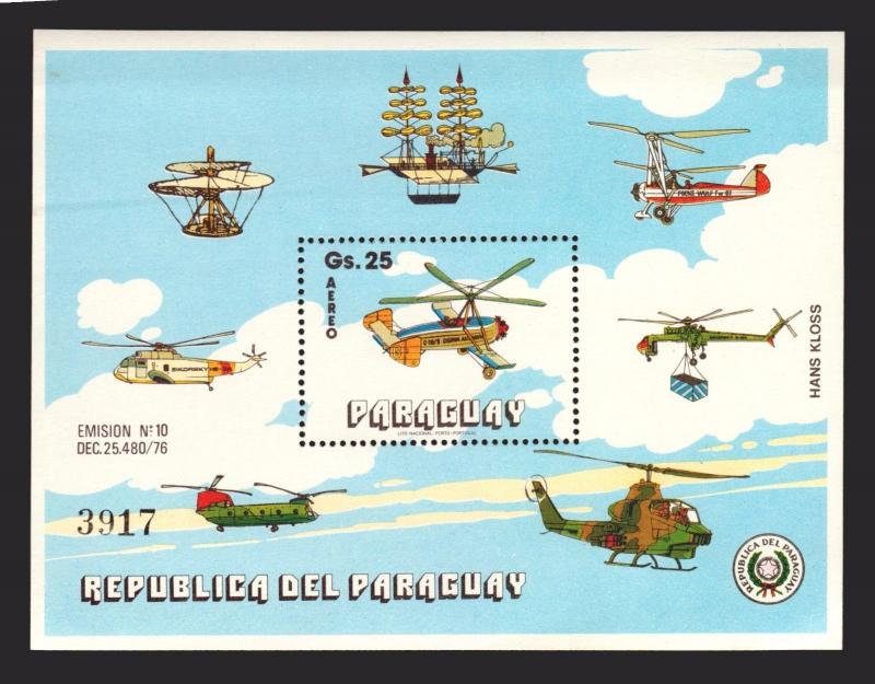 HELICOPTERS DA VINCI CIERVA MILITARY AIRCRAFT Paraguay MNH S/S #C471 CV$30