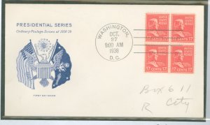 US 822 1938 17c Andrew Johnson (part of the Presidential/prexy series) block of four addressed (pencil) FDC with a generic Grims