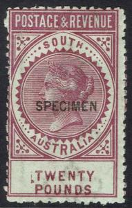 SOUTH AUSTRALIA 1886 QV POSTAGE & REVENUE 20 POUNDS SPECIMEN PERF 11.5-12.5 