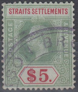 1913 MALAYA STRAITS SETTLEMENT KGV $5 GREEN & RED/GREEN (SG# 212) USED VF