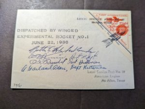 1936 USA Trial Flight Rocket Mail #1 Cover to McAllen TX Pilot Signed 34 of 41