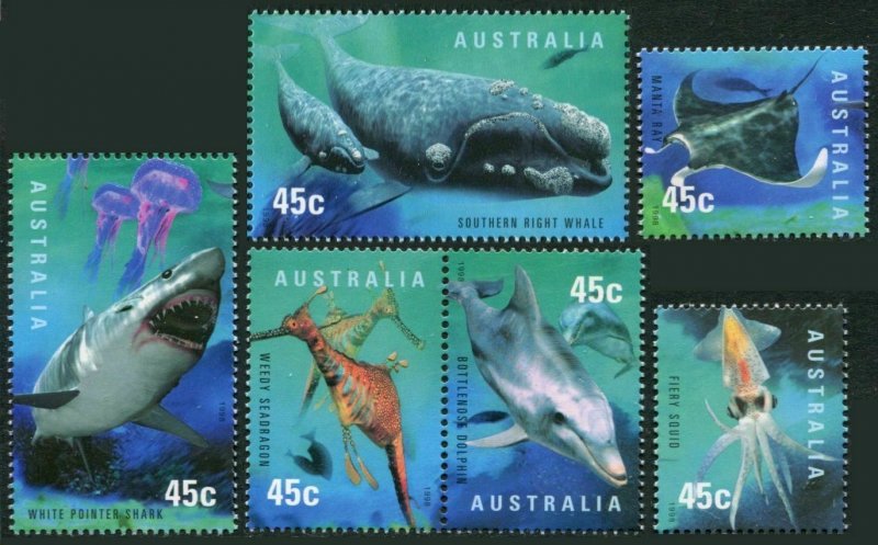 Australia 1702-09,MNH.Planet OCEAN 1998.Fiery squid,Dolphin,Ray,Sea-dragon,Whale