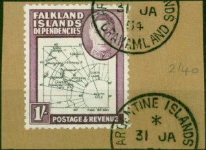 Falkland Is Dep 1946 1s Black & Purple SGG8 V.F.U on Piece 'Argentine Grahaml...