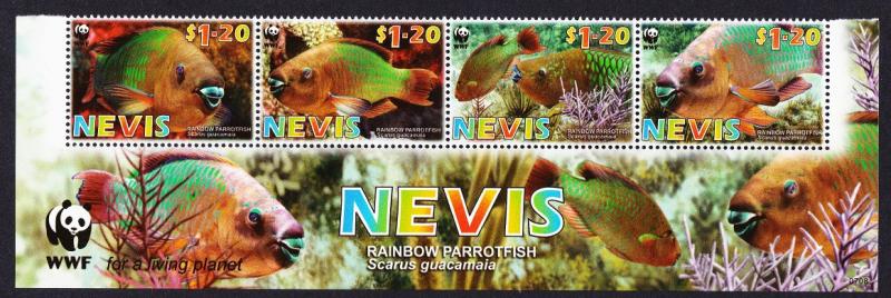 Nevis WWF Rainbow Parrotfish Bottom Strip of 4v with WWF Logo SG#2015-2018