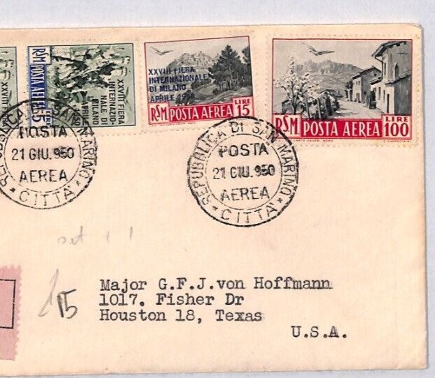 SAN MARINO Air Mail 100L Cover *MILAN FAIR* Overprints 1950 USA Houston YG16