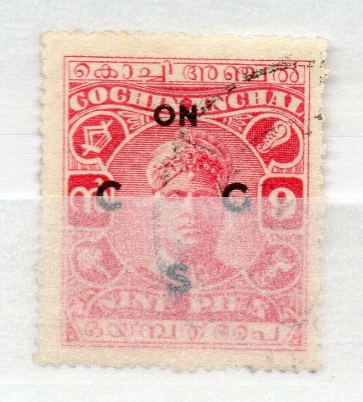 India Cochin 1919-33 Early Issue used Shade of 9p. Optd NW-15853