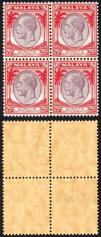 Straits Settlements SG268 25c Dull Purple and Scarlet Block of 4 U/M